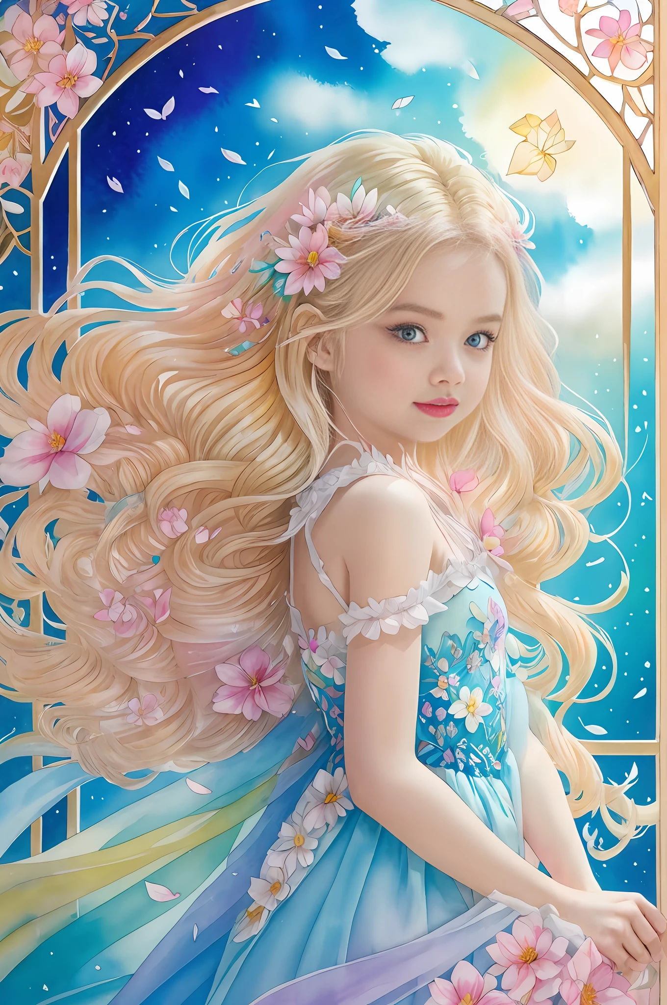 Pastel Colors, Delicate Drawings, Tide Play, Luxray, Split Color Hair, Wind, Flying Petals, Stained Glass Rhinoceros, For Decoration, Intricate Details, Dufkova, 2D, Line Art, Watercolor, Ink Watercolor, Random Color Hair, Super Long Hair, Perfect Facial Features, Beautiful Expression, Gentle Smile, Angel, Goddess, Symmetrical, Wavy, Blonde, Beautiful, Light, Wings, Feathers, well-formed limbs, perfect fingers, 1girl, alraune, flowers, alraune,