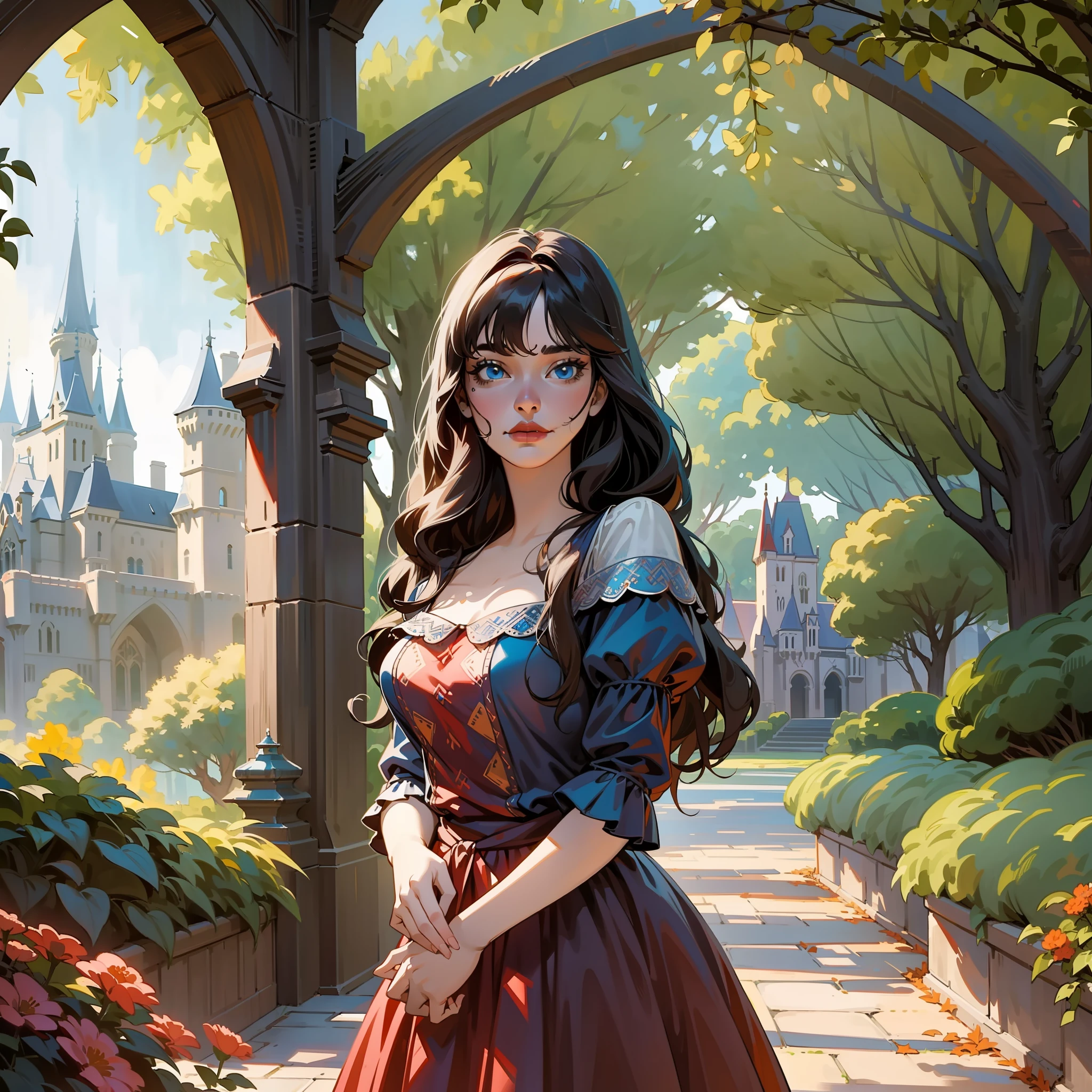 A woman, wavy long black hair, short bangs, chic hairstyle, blue eyes, long red dress, old fashioned, castle background, garden, wonderland, daytime lighting, beautiful face --auto --s2