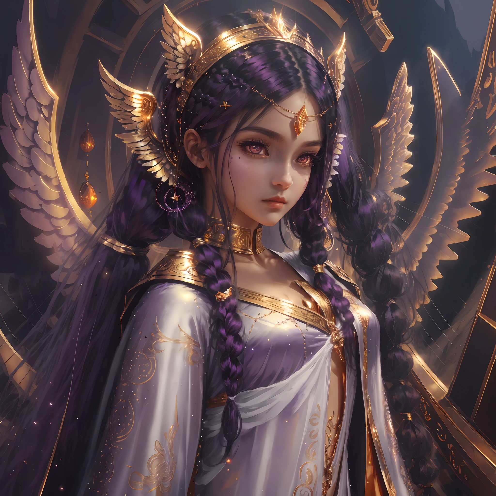 1girl, dark purple hair, long hair, pigtails, orange eyes, detailed eyes, dark skin, black person, white clothes, archangel, gold ornaments, highlights, angel's city, fantasy, anime --auto --s2