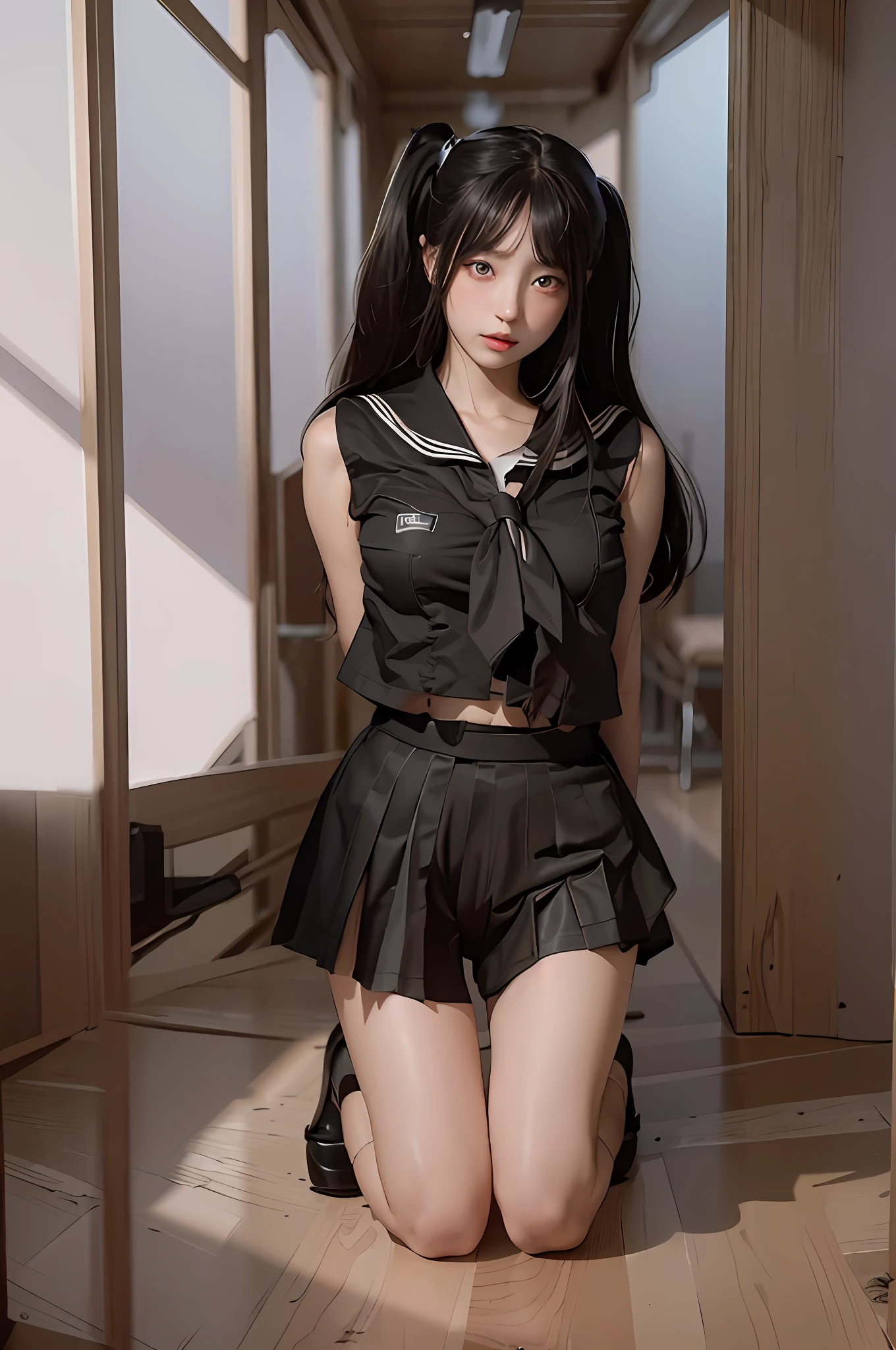 photorealistic, high resolution, 1 girl, black hair, korean, heterochromic eyes, small moles under eyes, big breasts, black shorts,