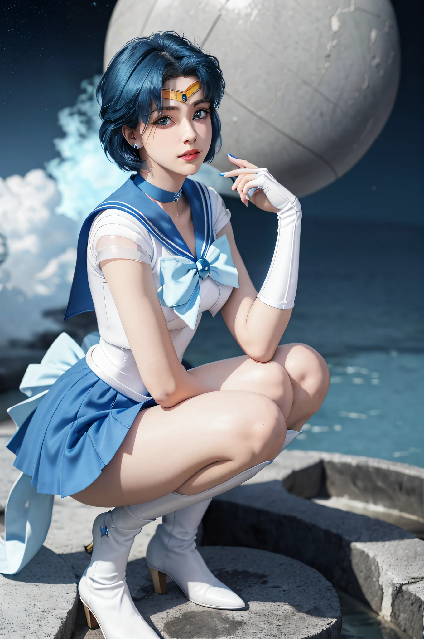 1girl, smile, delicate facial features, breasts, gloves, lips, solo, sailor mercury, blue eyes, smuniform, mer1, tiara, sailor senshi uniform, (RAW photo, best quality), masterpiece, ridiculous, sexy, floating short blue hair, blue sailor collar, bow, (over-the-knee boots: 1.1), choker, white gloves, Blue choker, elbow gloves, jewelry, earrings, blue skirt, sole, full body, blue hair, (perfect hand drawn): 3.8, octane rendering, water god, home environment