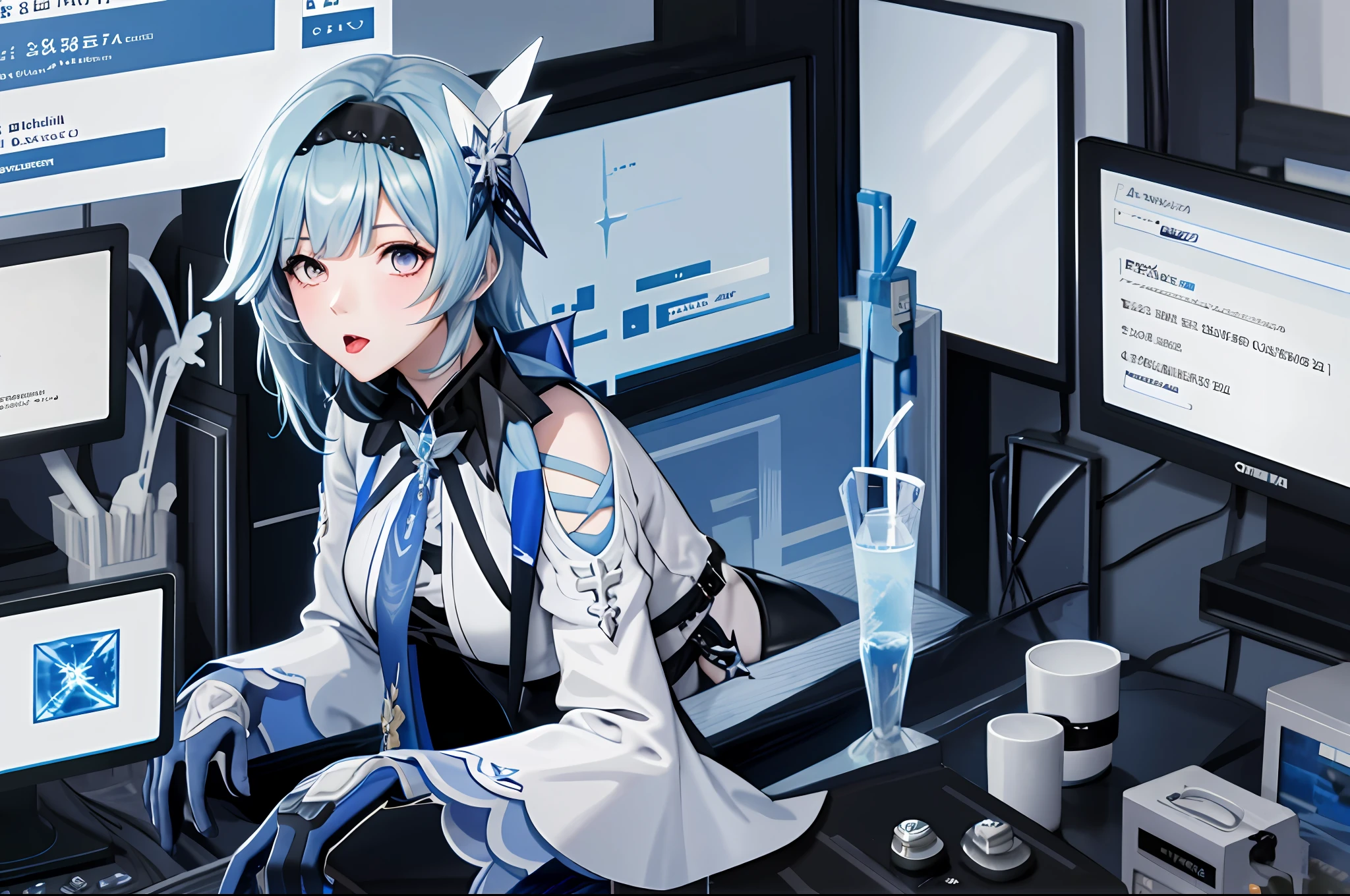 eula ghenshin impact, ghenshin impact eula, anime girl with blue hair playing a game on a computer, masterpiece,1girl, solo, through screen, monitor, white strapless dress, tongue out, hair over one eye, white dress,torn clothes, long hair,blue hair, very long hair