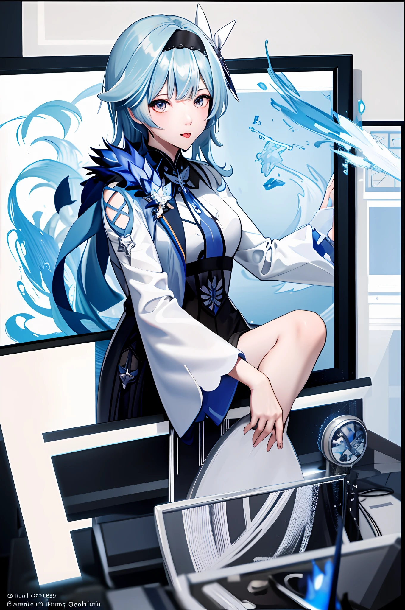 eula ghenshin impact, ghenshin impact eula, anime girl with blue hair playing a game on a computer, masterpiece,1girl, solo, through screen, monitor, white strapless dress, tongue out, hair over one eye, white dress,torn clothes, long hair,blue hair, very long hair