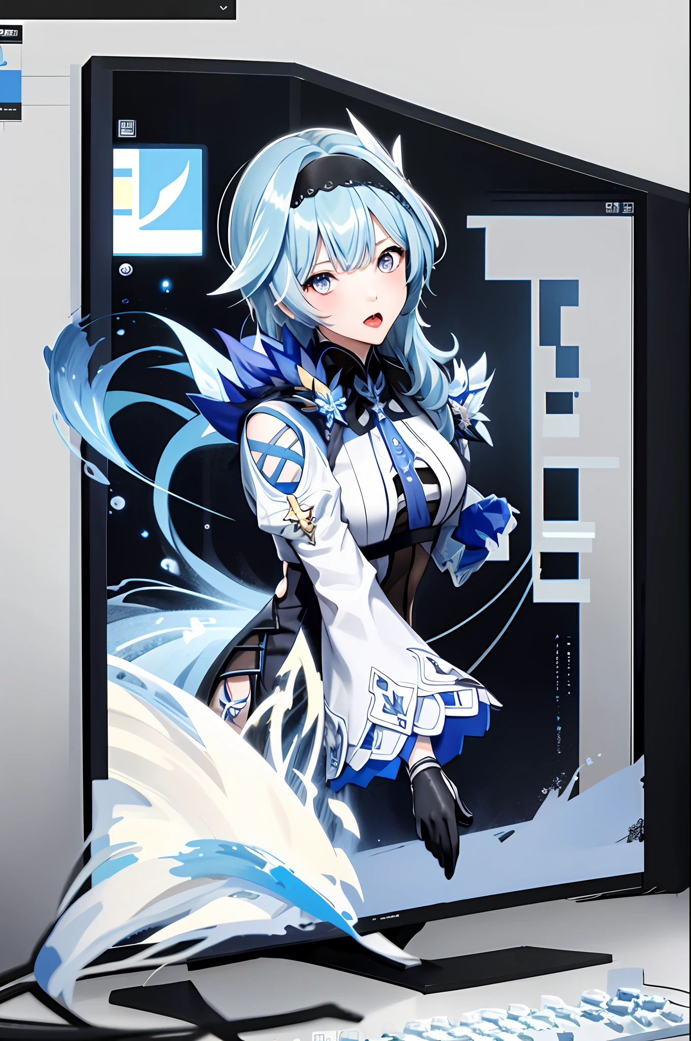 eula ghenshin impact, ghenshin impact eula, anime girl with blue hair playing a game on a computer, masterpiece,1girl, solo, through screen, monitor, white strapless dress, tongue out, hair over one eye, white dress,torn clothes, long hair,blue hair, very long hair