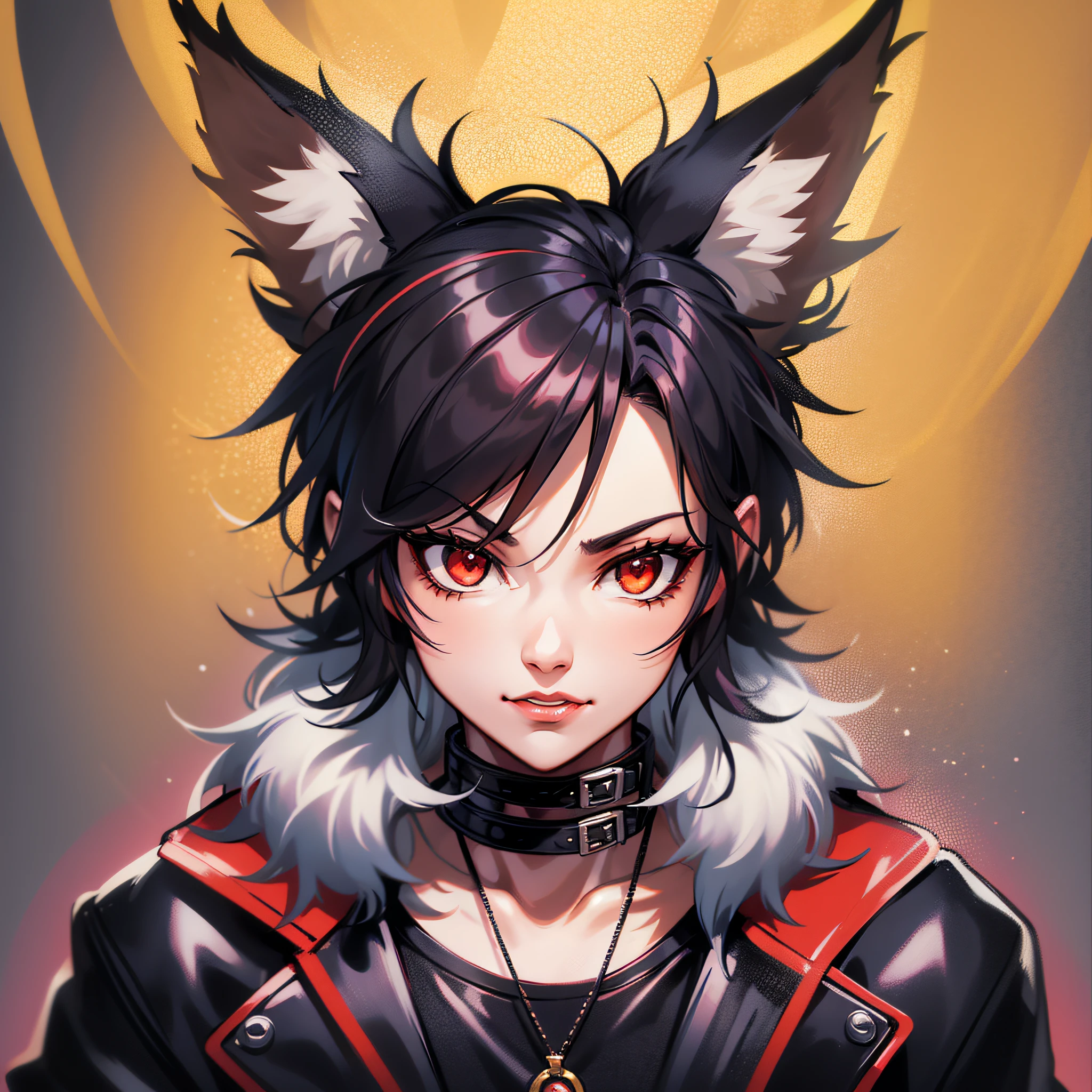 (anthropomorphic fox cute cub) with black jacket, red eyes, hairy body, young, portrait, bust, posture facing the camera, cartoon, dressed as 80s metalhead rocker masterpiece, confident posture, youtuber