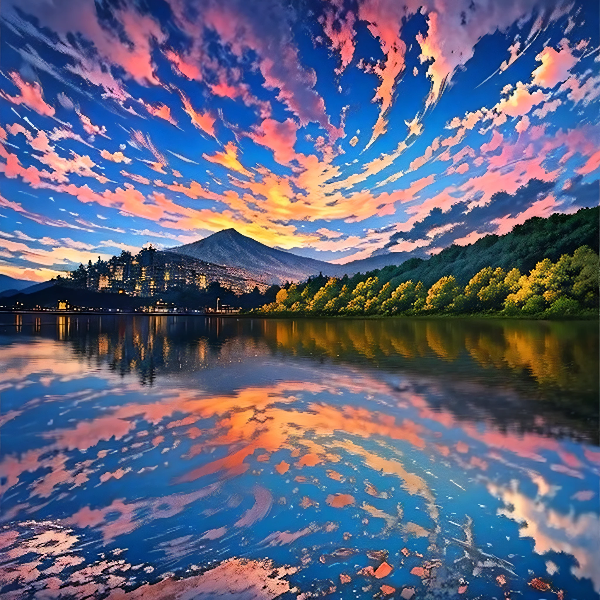 arafed sky with clouds reflecting in a lake at sunset, extraordinary colorful landscape, vivid abstract landscape, fractal sky, fantastic landscape, colorful sunset, surreal landscape, marvellous reflection of the sky, red and blue reflections, vivid landscape, fractal landscape, fantastic background landscape, vibrant sunset, fire reflection, magnificent background, surreal dream landscape, amazing landscape, symmetrical fantasy landscape --auto --s2