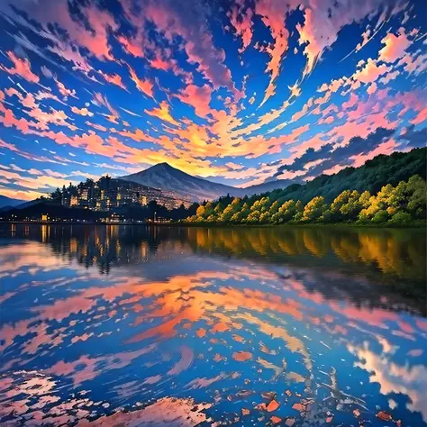 arafed sky with clouds reflecting in a lake at sunset, extraordinary colorful landscape, vivid abstract landscape, fractal sky, ...