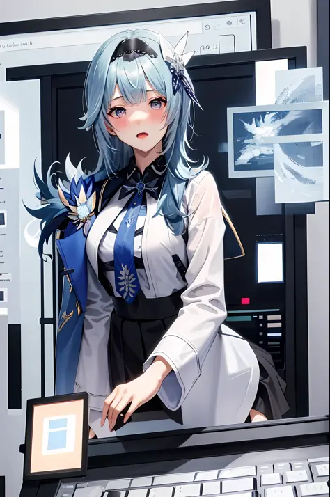 ((best quality)), ((highly detailed)), eula ghenshin impact, ghenshin impact eula, anime girl with blue hair playing a game on a...