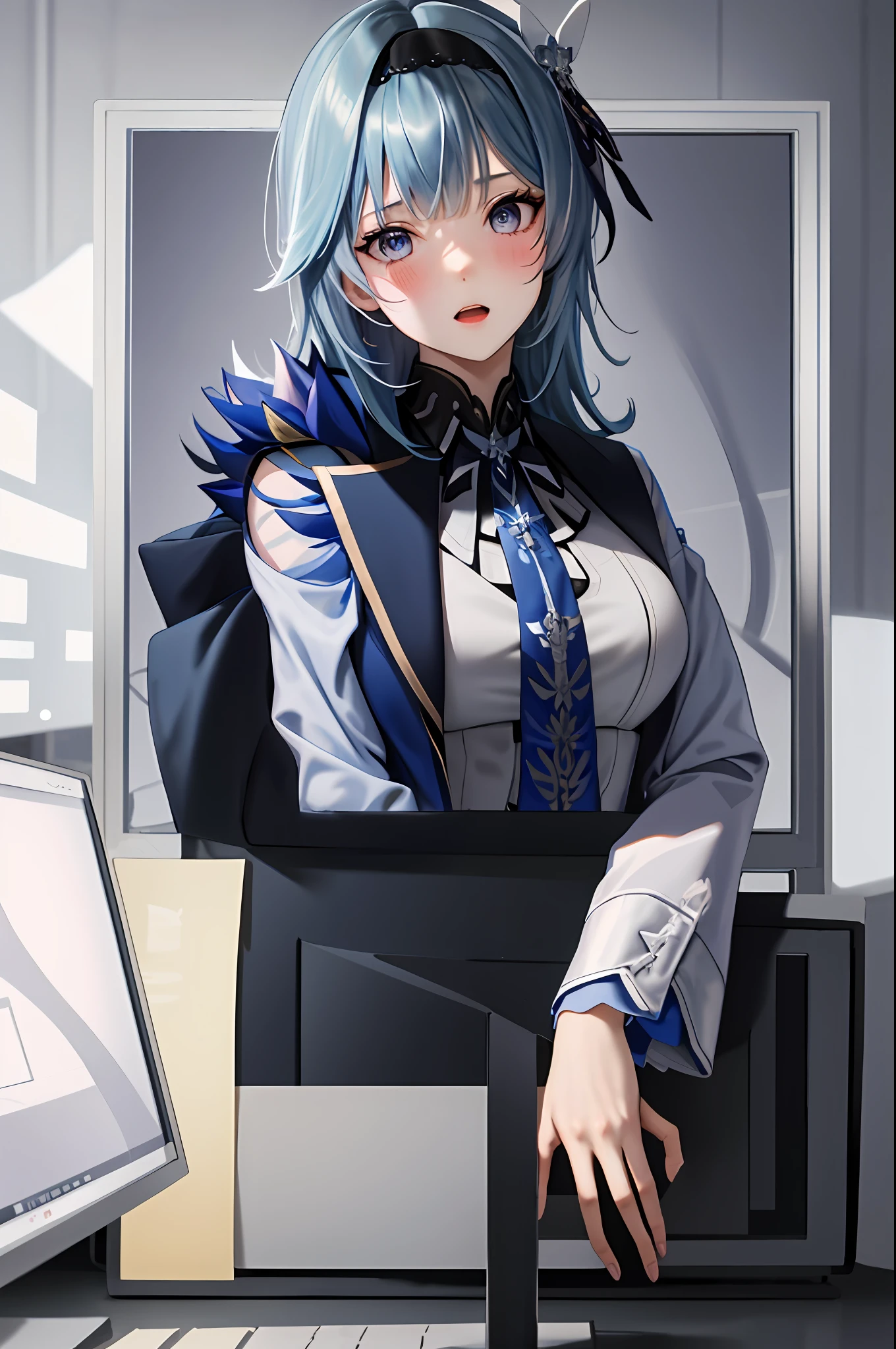 ((best quality)), ((highly detailed)), eula ghenshin impact, ghenshin impact eula, anime girl with blue hair playing a game on a computer, masterpiece,1girl, solo, through screen, monitor, masterpiece, (detailed eyes, deep eyes), (1girl), full body, solo, brown hair, bangs, very long hair, long hair, sidelocks, hair bow, white bow, :D, school uniform, neck ribbon, shirt, grey jacket, blazer, black thighhighs, pleated skirt, skirt, blue skirt, ((blush)), skirt lift, black lace panties, garter straps, panty shot, inside, in a classroom, through_screen, monitor, keyboard, computer mouse, desk, (hearts), sunset