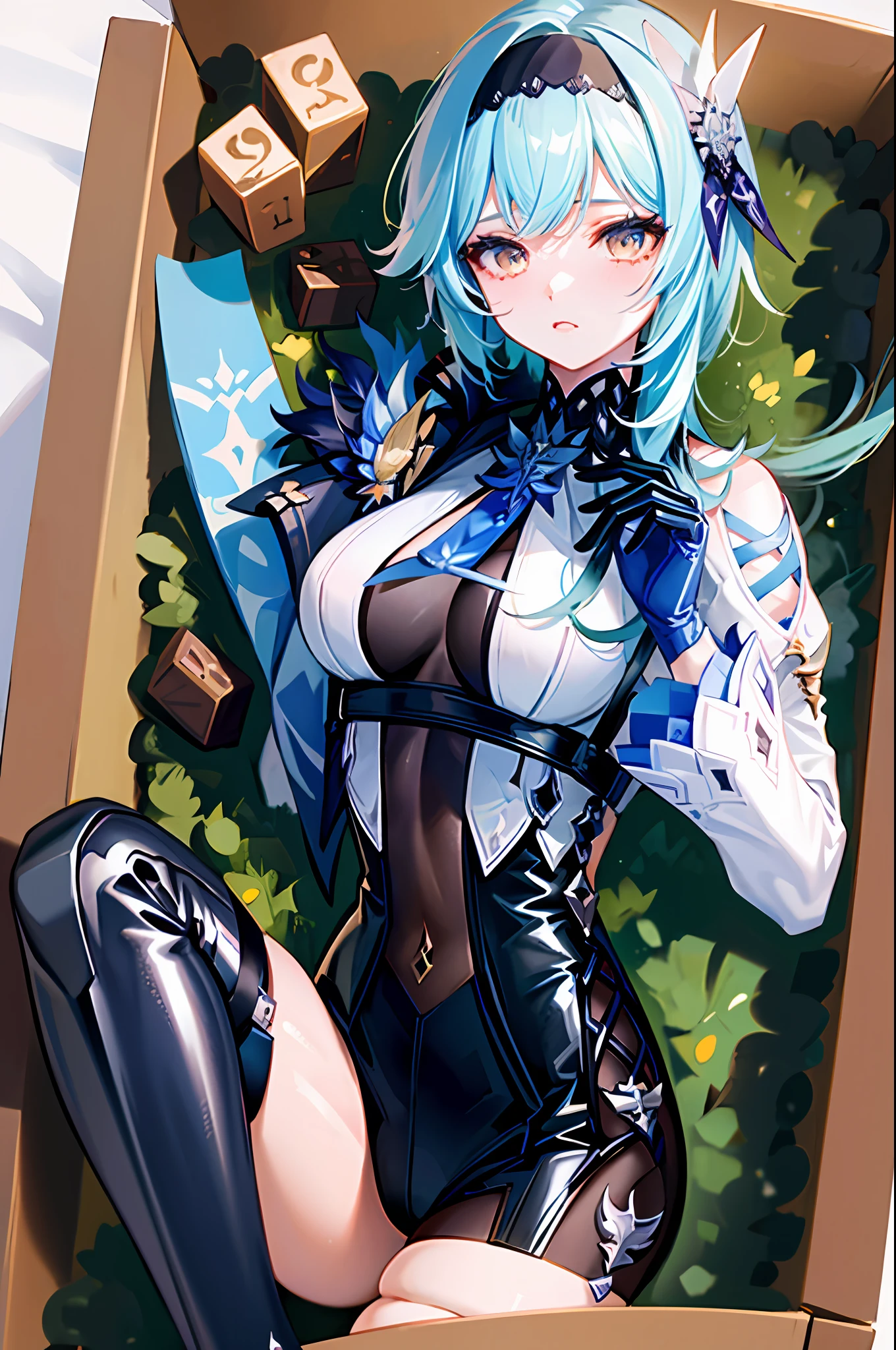 (masterpiece, top quality, best quality, official art, beautiful and aesthetic:1.2),(8k, best quality, masterpiece:1.2), there is a woman sitting in a box full of ice cubes, eula genshin impact, eula game genshin impact, kawacy, splash art anime loli, extremely detailed artgerm, artgerm. anime illustration, from girls frontline, ! dream artgerm, ruan jia and artgerm, 2 hands, 2 legs