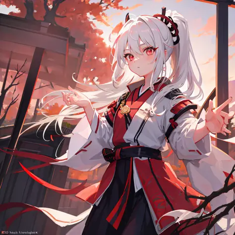 Masterpiece, Awesome, 1girl, Portrait, White Hair, Ponytail, Red Eye, Samurai, Plum Tree, Sun, Cloud, (Neutral Color), (HDR:1.4) Holding a Sword
