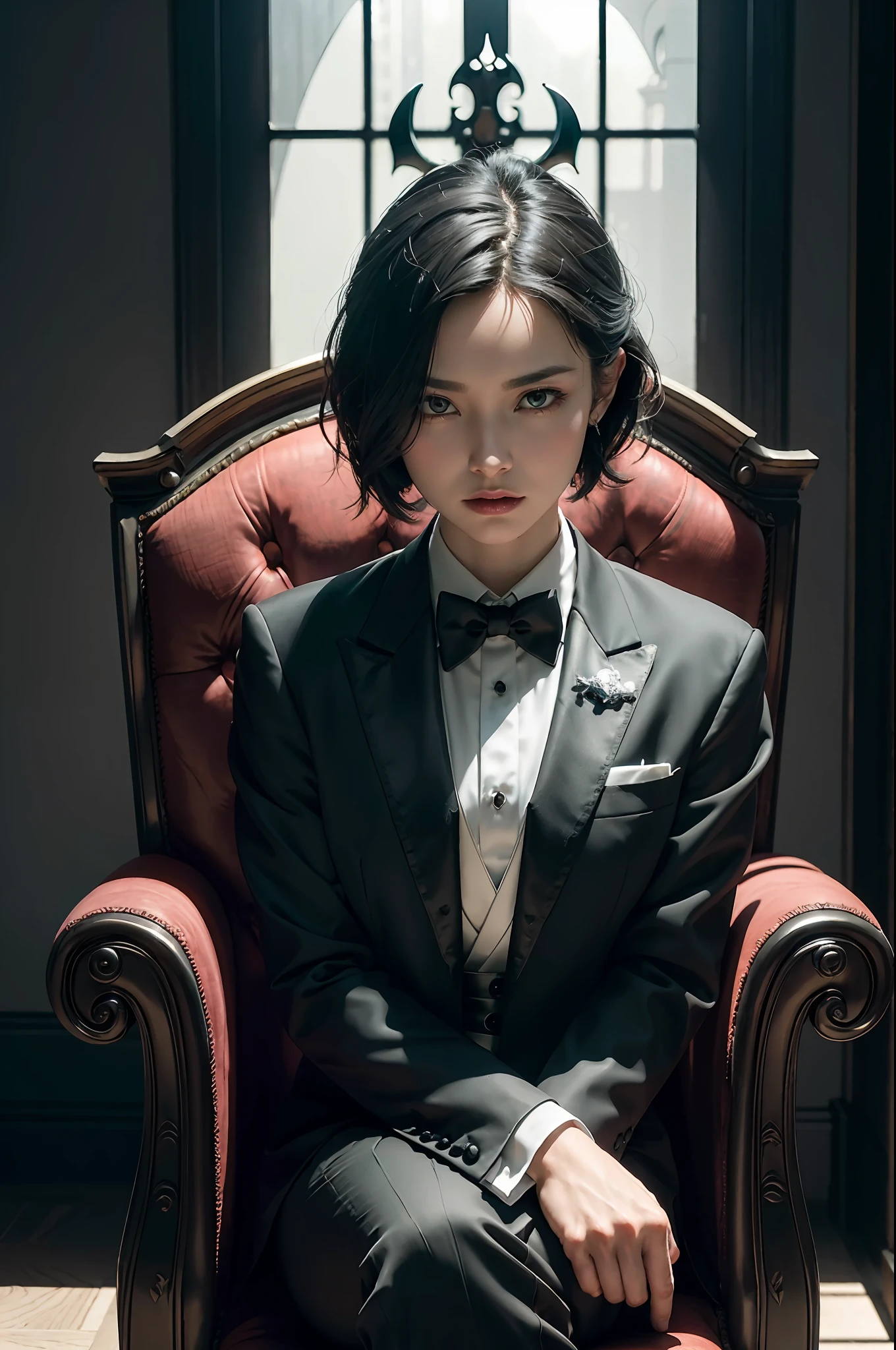 "(exquisitely detailed CG unity 8k wallpaper, masterpiece-quality with stunning realism), (best illumination, best shadow), (best quality), (elegant and demonic style:1.2), sitting elegantly upon an intricately carved chair, wearing a (sleek white tuxedo:1.2), (piercing black eyes+short black hair:0.8), surrounded by an ominous and dark atmosphere, accentuated by dramatic and striking lighting, imbued with a sense of surreal fantasy".