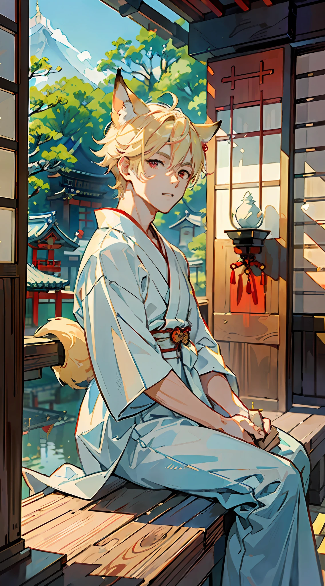 ((Masterpiece: 1.4, highest quality)), one boy, blonde with spiked hair and red eyes, (Japan Shinto priest, white and light blue hakama: 1.3), fox ears and tail, sitting on the veranda, the scenery is a temple in Kyoto.