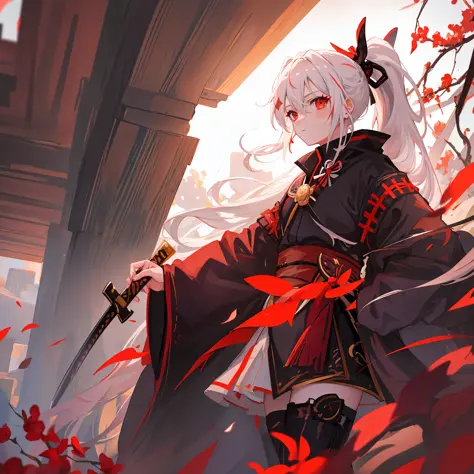 Masterpiece, Awesome, 1girl, Portrait, White Hair, Ponytail, Red Eye, Samurai, Plum Tree, Sun, Cloud, (Neutral Color), (HDR:1.4)...