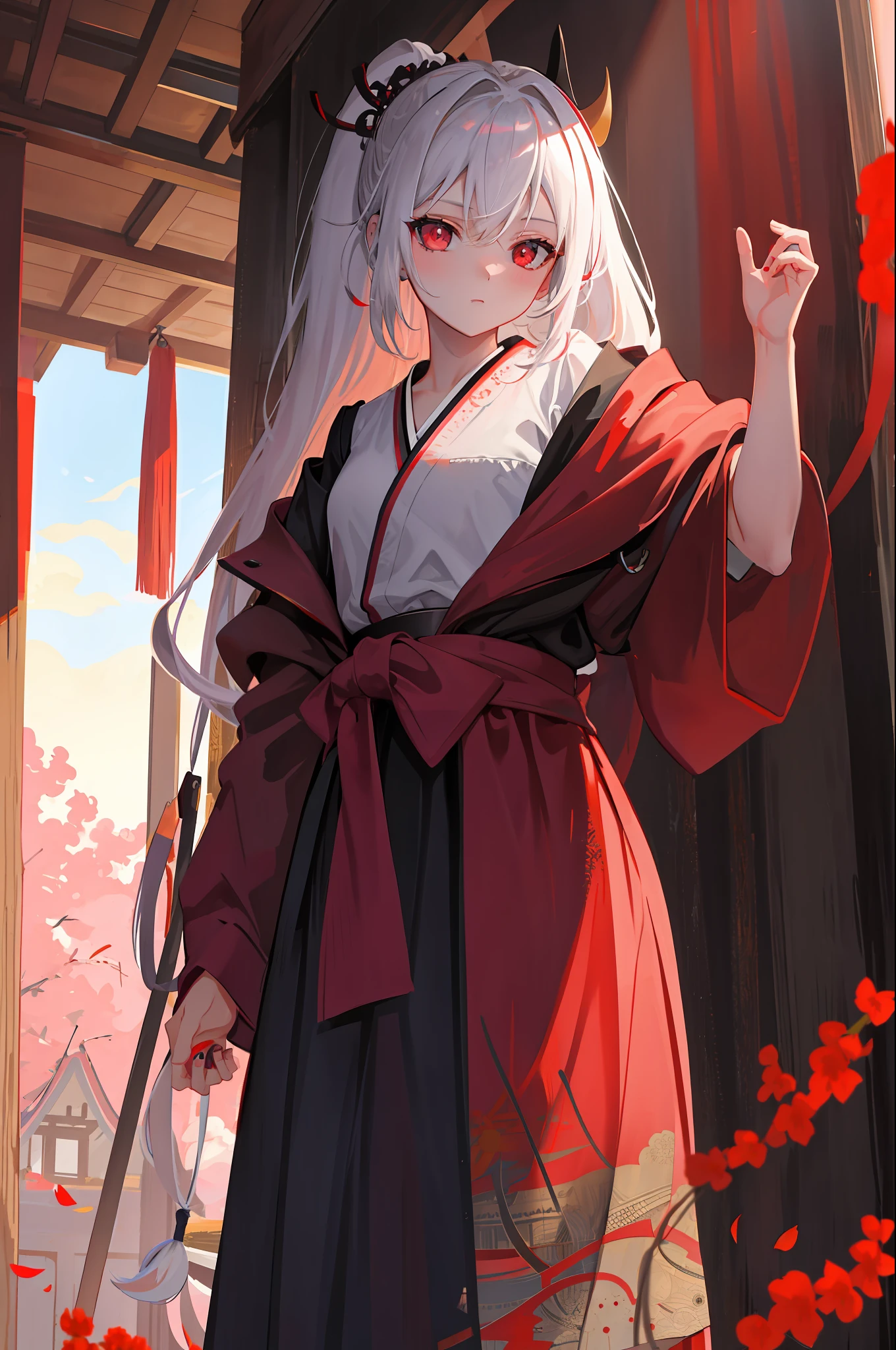 Masterpiece, Need for Good, 1girl, Portrait, White Hair, Ponytail, Red Eye, Samurai, Plum Tree, Sun, Cloud, (Neutral Color), (HDR:1.4)