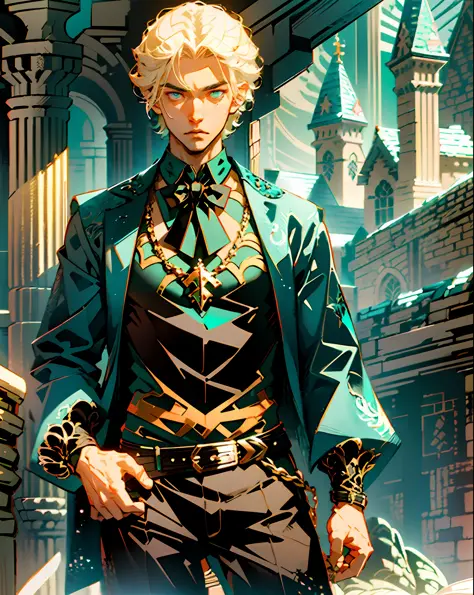 1boy, (man), manly body, anime, extremely detailed, hyper detailed, (broad shoulders), (PERFECT FACE), illustration, soft lighting, 2d, intricate, cowboy shot, detailed eyes, blonde hair, short hair, teal eyes, sexy, toned, black tuxedo, (outside), castle ...