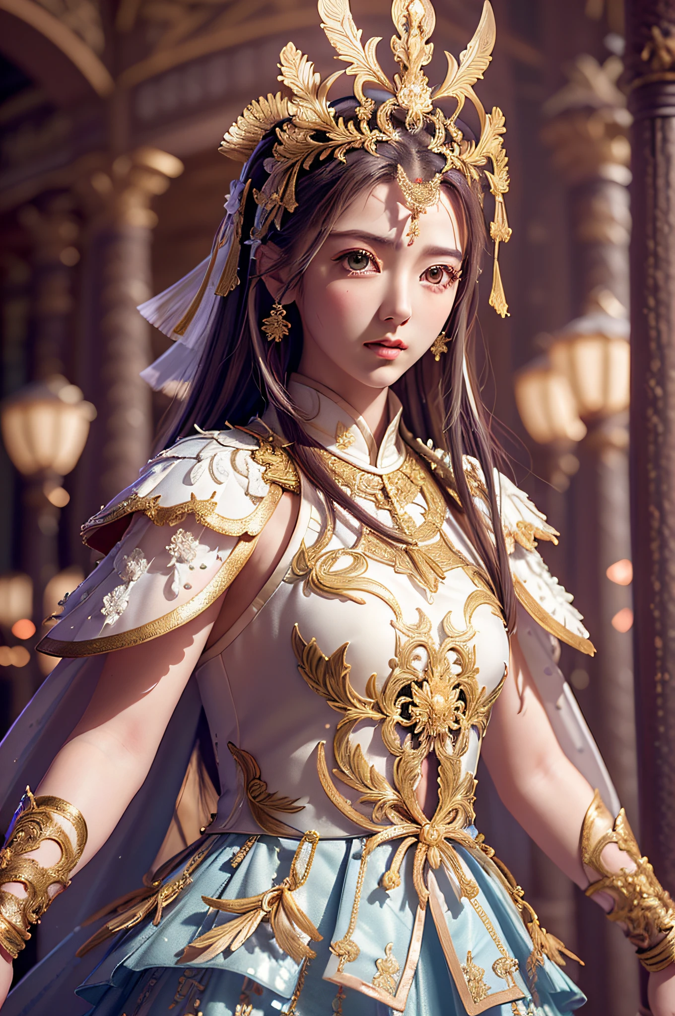 ((masterpiece))), (((best quality))), ((ultra-detailed)), (hyperrealistic), (highly detailed CG illustration), cinematic light, photorealistic ,extremely beautiful young lady, light makeup, intricate detailed eaba, white intricate cape, dynamic pose, spear