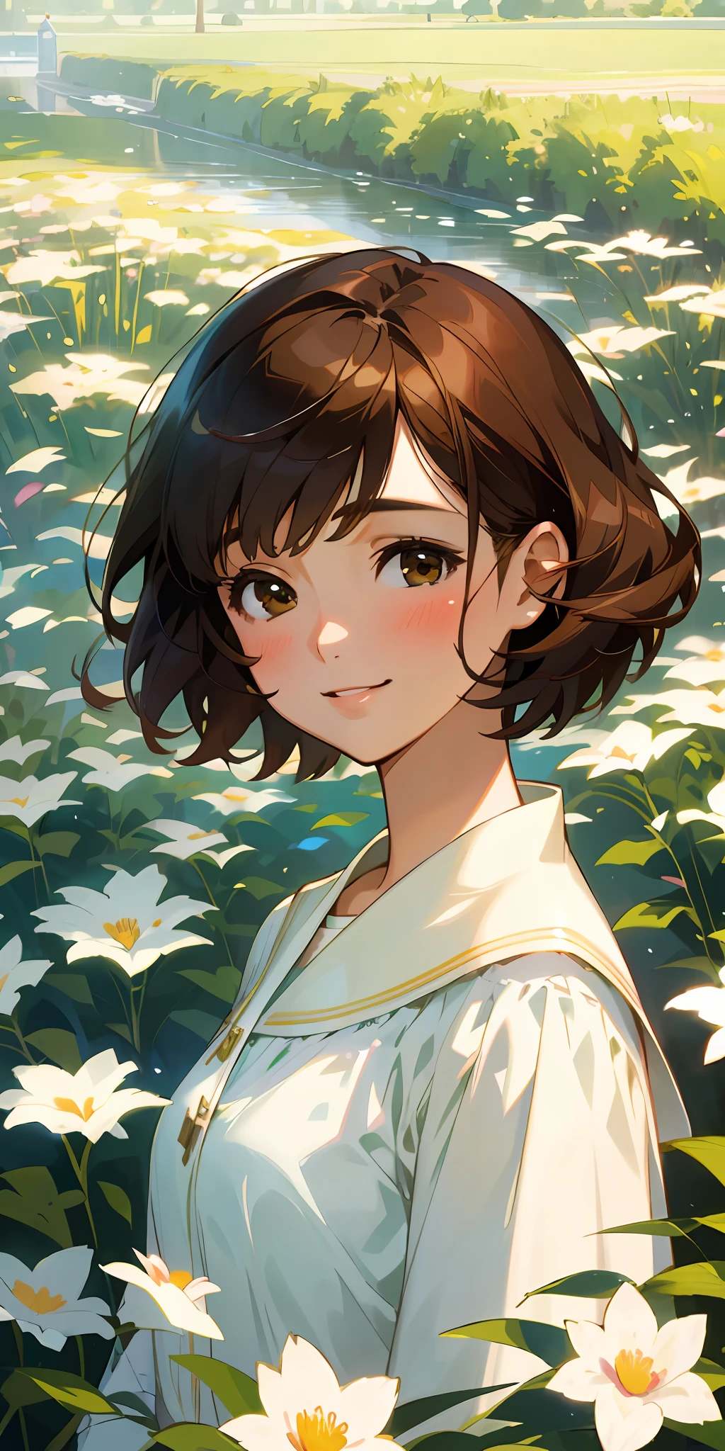 (top quality, masterpiece, super realistic), one beautiful delicate portrait of a girl with short hair, brown hair, smiling, soft and peaceful expression, the landscape in the background is a garden with petals and papa flying around. --v6