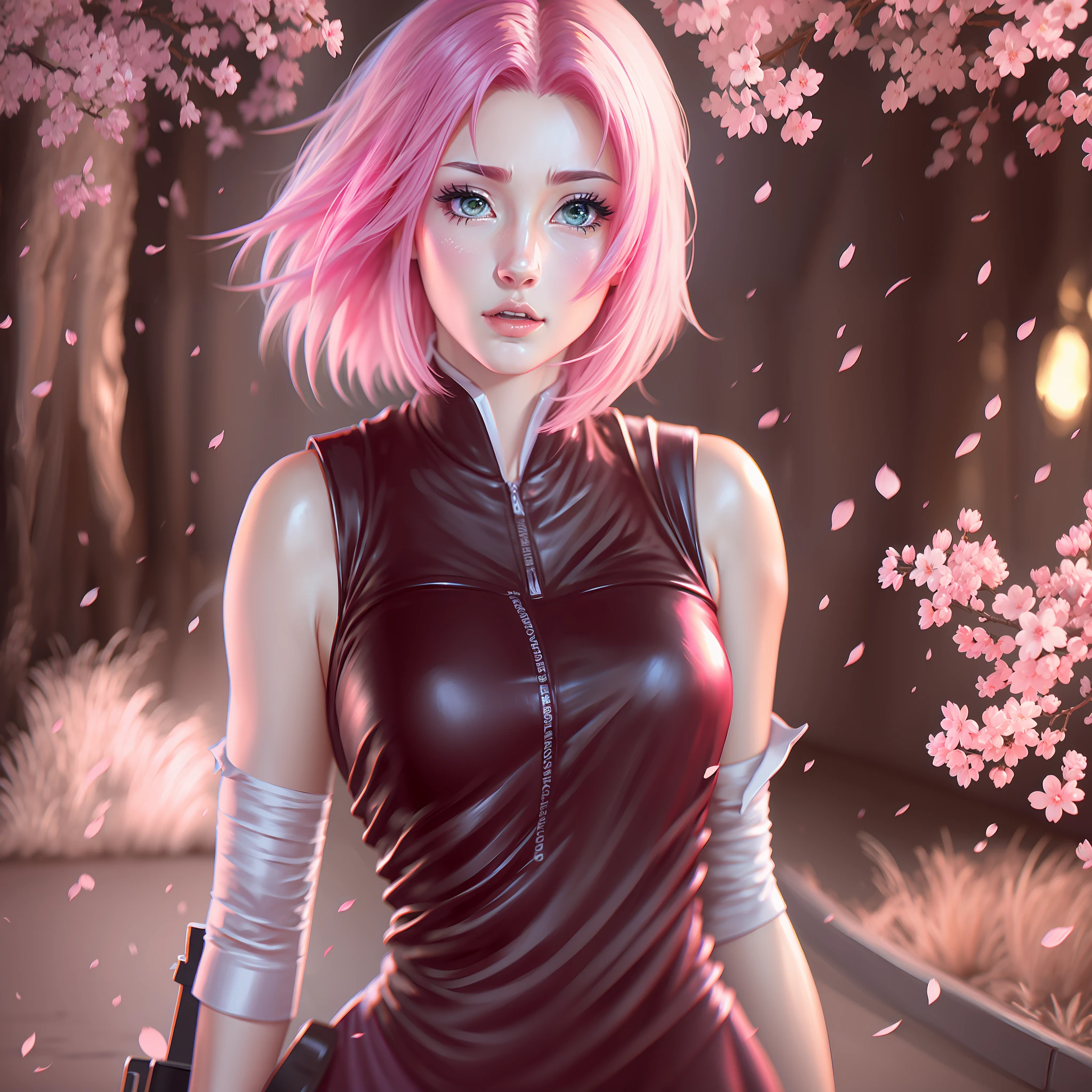 Sakura beautiful and tall short hair anime super realistic and well detailed