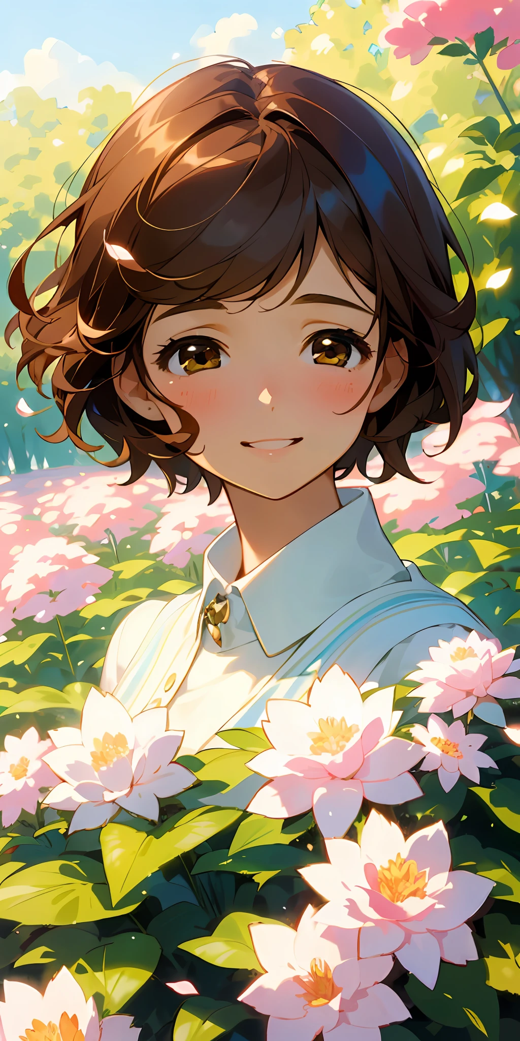 (top quality, masterpiece, ultra-realistic), one beautiful delicate portrait of a girl with short hair, brown hair, smiling, soft and peaceful expression, squinting eyes full of joy, the background landscape is a garden with petals and puffs flying around. --v6