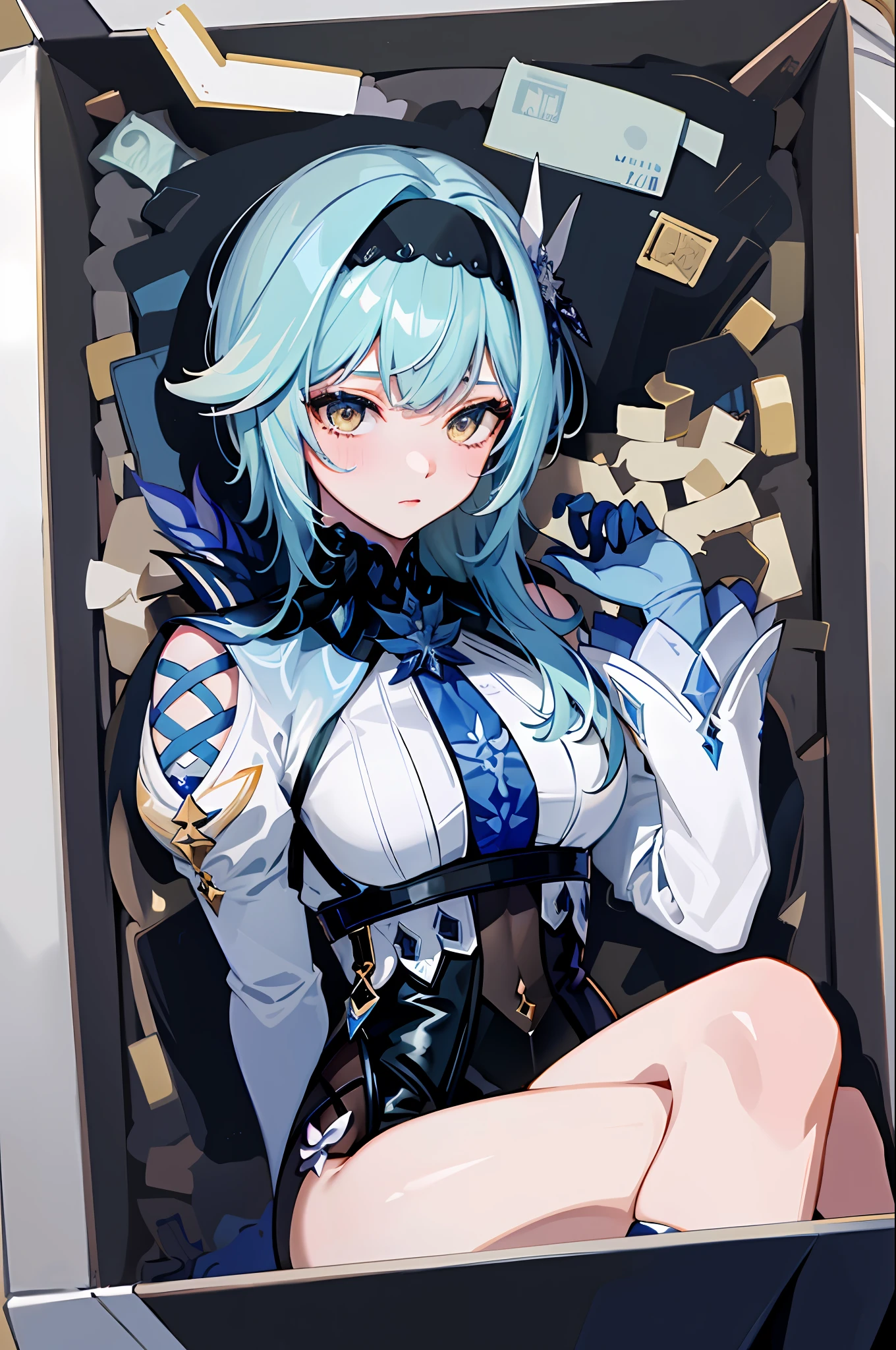 (masterpiece, top quality, best quality, official art, beautiful and aesthetic:1.2),(8k, best quality, masterpiece:1.2), there is a woman sitting in a box full of money and diamod, facial expressions that are so sexy and seductive, the color of the box is blue, the contents of the box are primogem ghenshin impact,