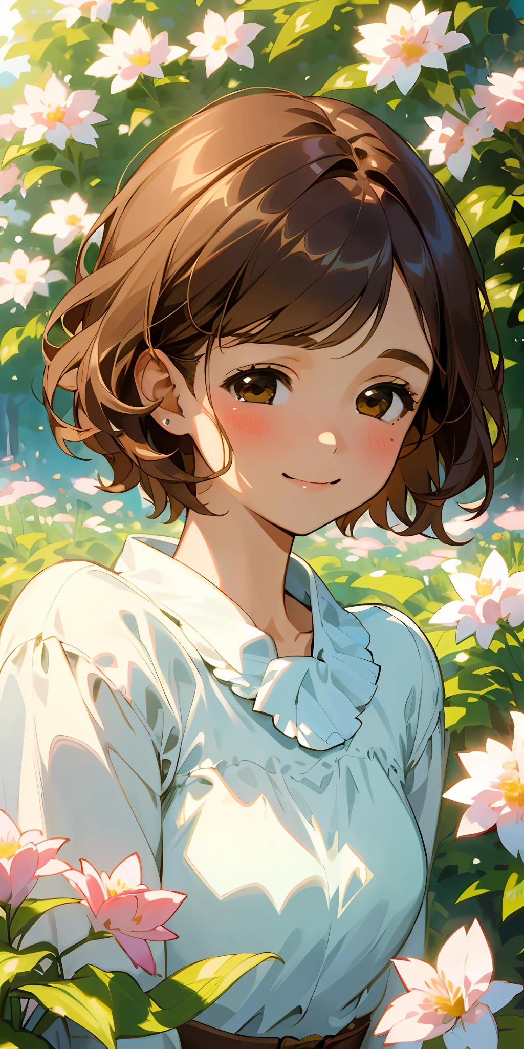 (顶级品质, 杰作, 超现实), 一幅美丽精致的短发女孩肖像, 棕色的头发, 微笑, 柔和的表情, 眯着眼睛充满喜悦, 背景景观是一个花园，花瓣和花球四处飞舞. --v6