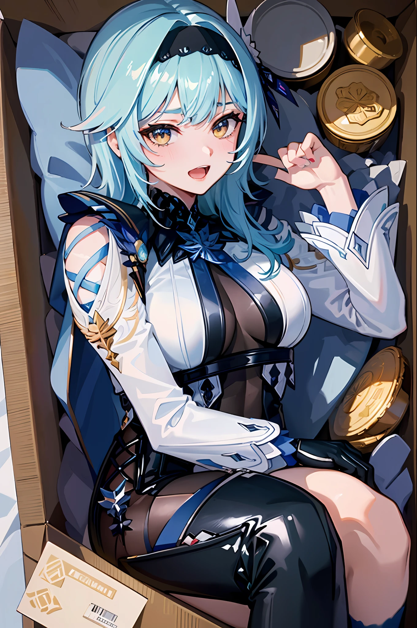 (masterpiece, top quality, best quality, official art, beautiful and aesthetic:1.2),(8k, best quality, masterpiece:1.2), there is a woman sitting in a box full of money and diamod, facial expressions that are so sexy and seductive, the color of the box is blue, the contents of the box are primogem ghenshin impact, open smiling mouth, sad expression