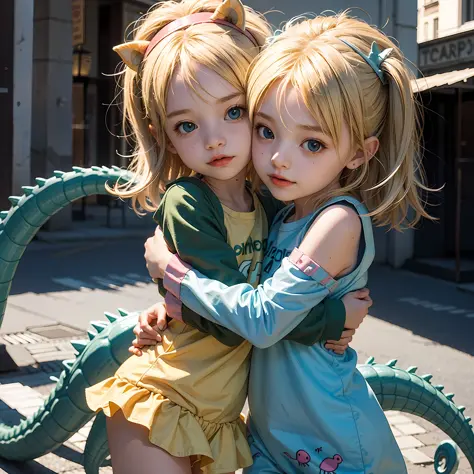 A two kid girl with small body embrace each other, blonde europe kid, in cute dinosaurus costume