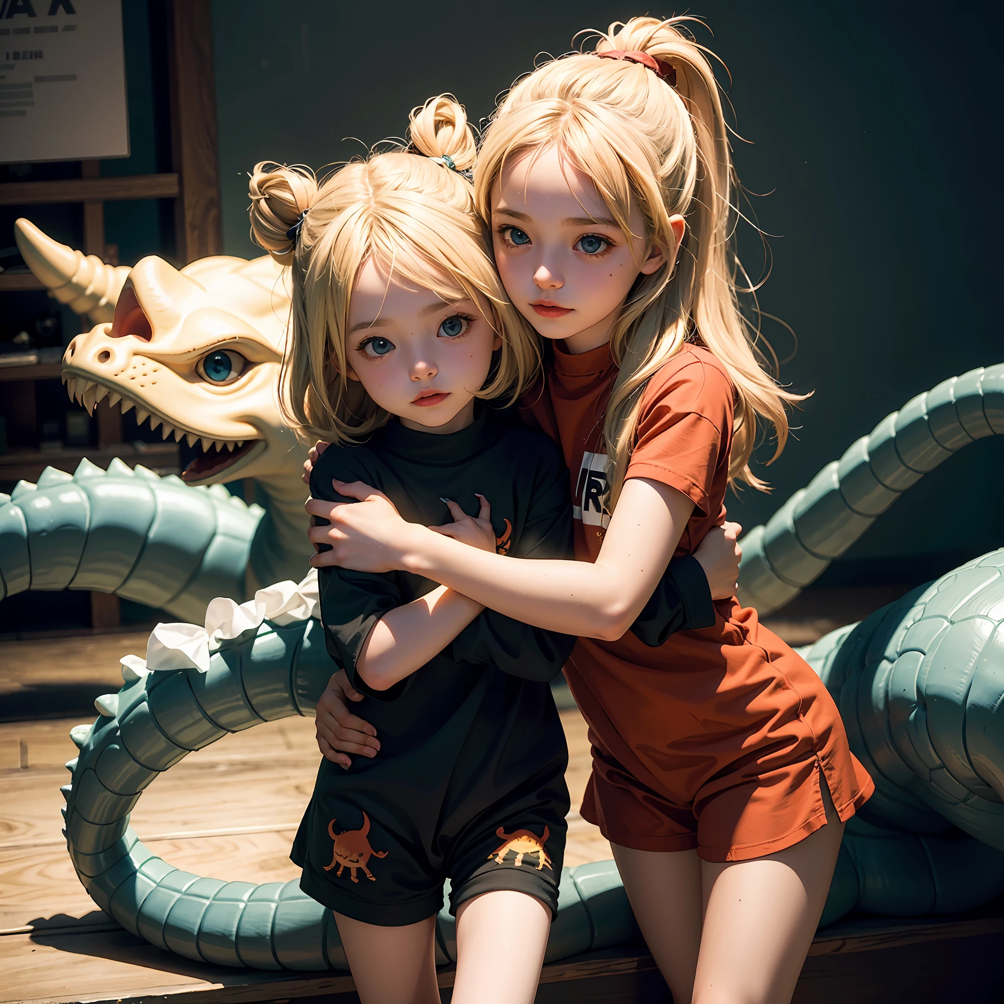 Ein Mädchen mit zwei Kindern umarmt sich, blondes europa-kind, im niedlichen Dinosaurier Kostüm