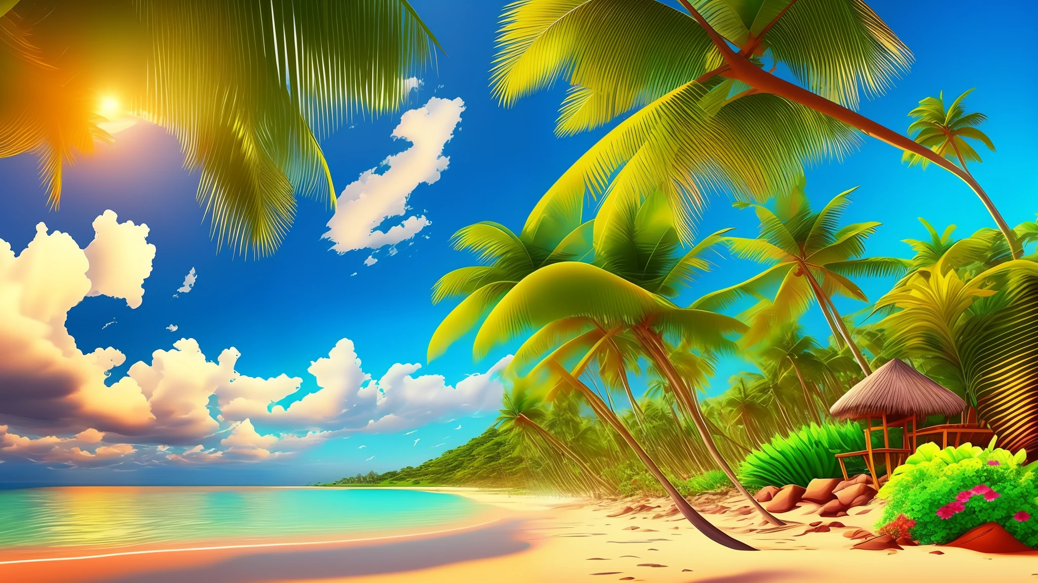 A View Of A Beach With Palm Trees And A Hut On The Shore Seaart Ai