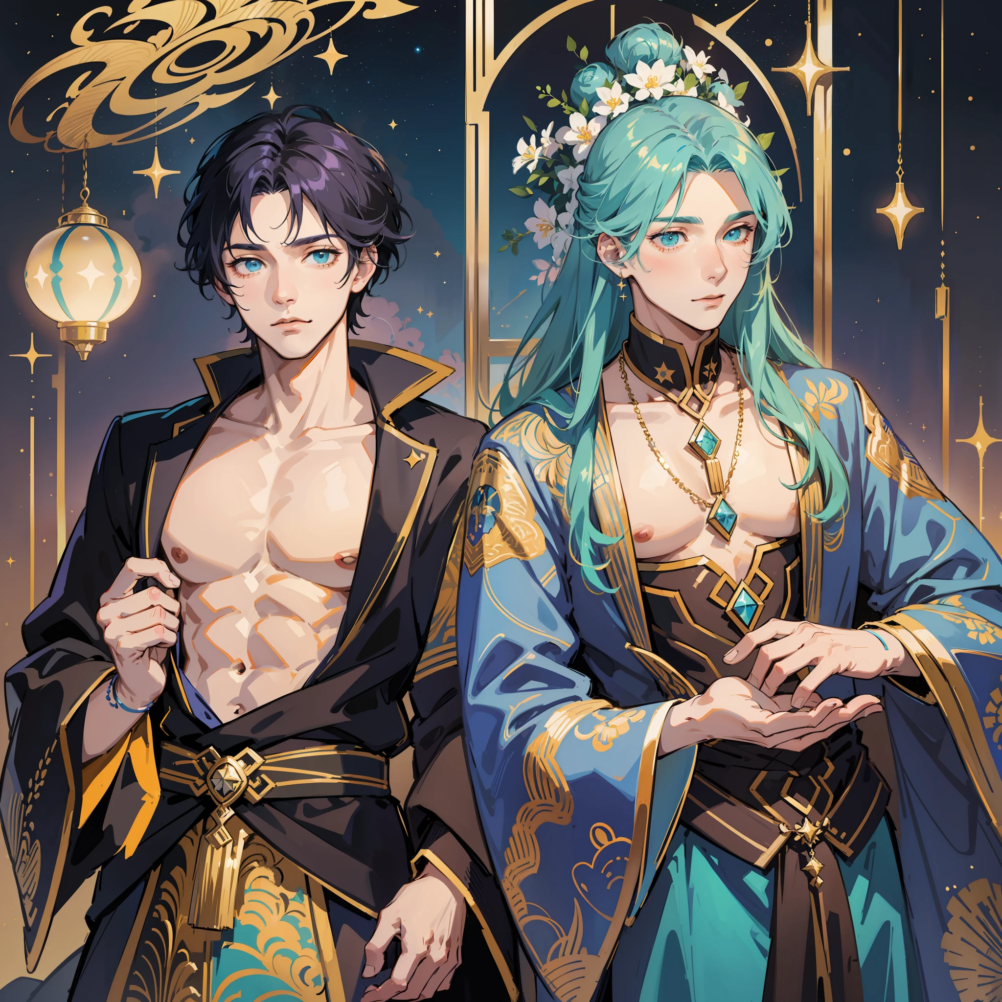 BL, two handsome, two boys, a boy with turquoise long hair and a boy with short lavender hair, masculine features, masculine body, muscular boys, pectoralis major, abs, star ornaments, space ornaments, beautiful, beautiful, colorful, fantasy, fantastic, mixture of medieval European aristocratic clothes and kimono, luxurious costumes, cuddling figures, sky with shining stars, constellations, two people floating in the air, Fantastic sky