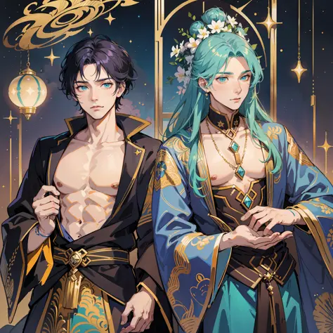 BL, two handsome, two boys, a boy with turquoise long hair and a boy with short lavender hair, masculine features, masculine bod...