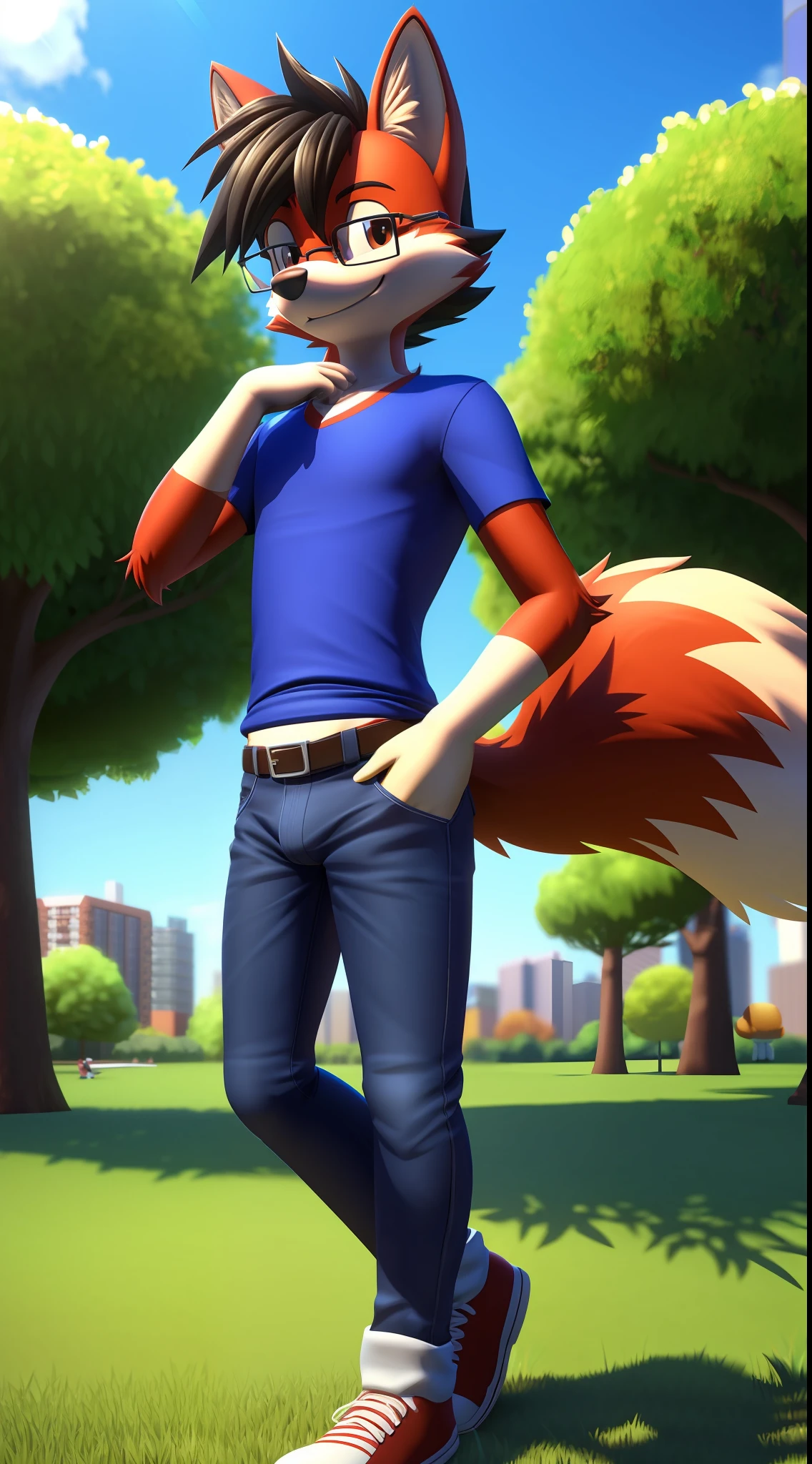 A cartoon fox in a blue shirt and jeans standing in a park - SeaArt AI