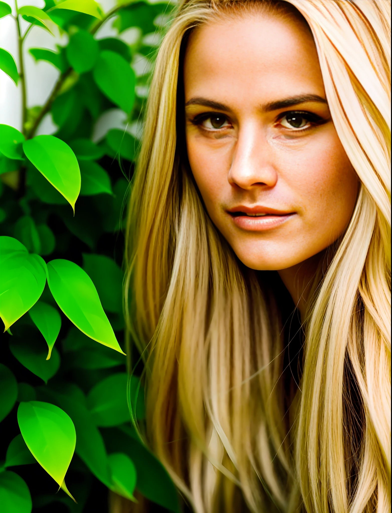 Blonde woman with long hair and green leaves in background - SeaArt AI