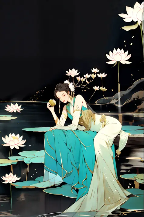 Ancient Chinese beauty sitting on stone, wearing ancient Chinese costume, flowing tulle, light silk, lazy pose, large lotus leav...