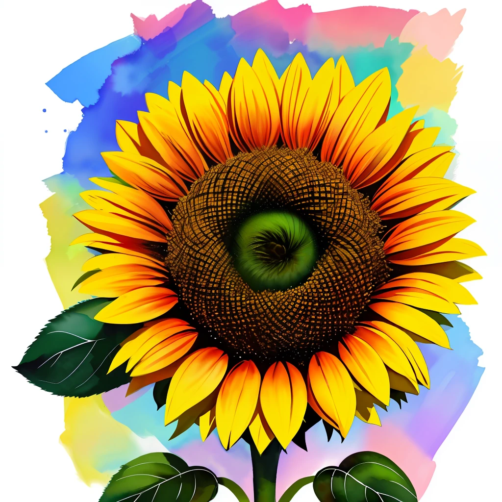 A sunflower flower in watercolor style, Design with 32k quality, inspired by T-shirt design, with watercolor style, made by DSLR Camera, full framing, centered, white background, maximum quality, maximum detail.