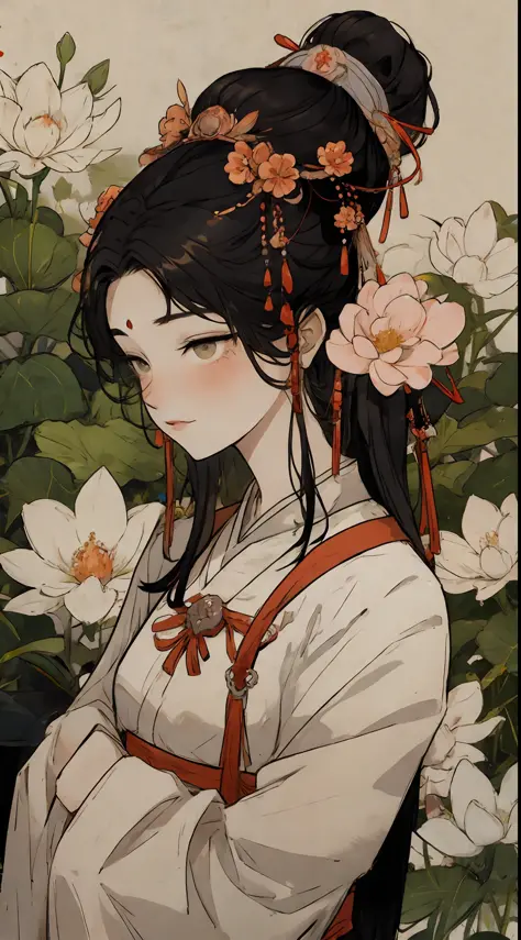 a girl, ancient chinese clothing, full body, sunlight, clear face, clean white background flowers, masterpiece, super detail, ep...