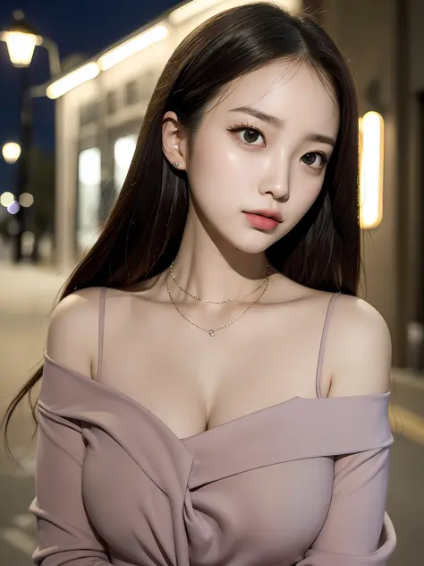 Masterpiece, high quality, real photos, 1girl, beautiful face, big eyes, light makeup, collarbone chain, street lamp, night view...