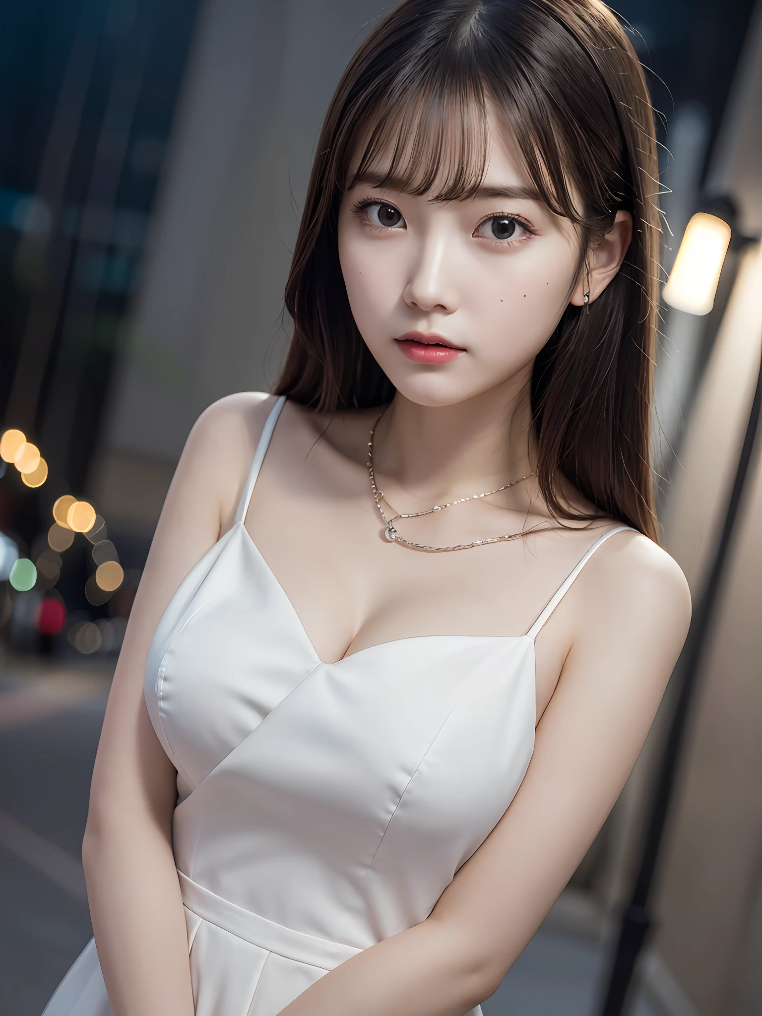 Masterpiece, high quality, real photos, 1girl, beautiful face, big eyes, light makeup, collarbone chain, backlight, halo diffusion, street lamp, night view, depth of field, center symmetry