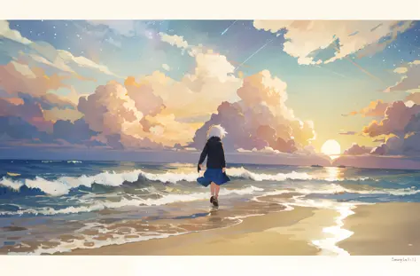 Woman walking alone on sandy beach, night, starry sky, meteor, moon
