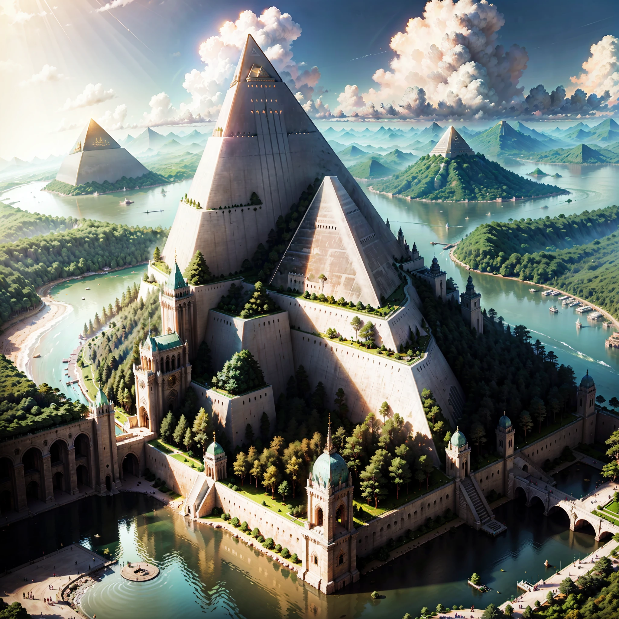 A wonder of the world, high quality, a masterpiece, a huge pyramid, a forest, a titanic structure, golden, square towers.