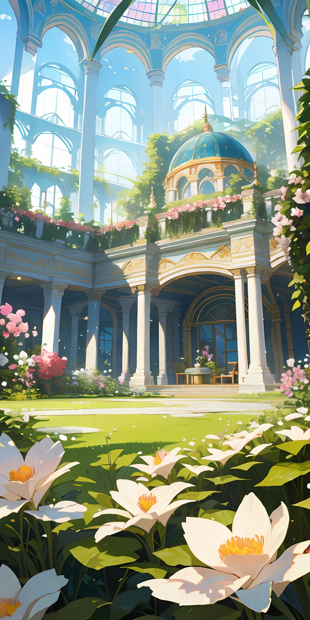 (top quality, masterpiece, ultra-realistic), indoor botanical garden, dome, lots of flowers, background landscape is a garden with petals and papas flying around. --v6