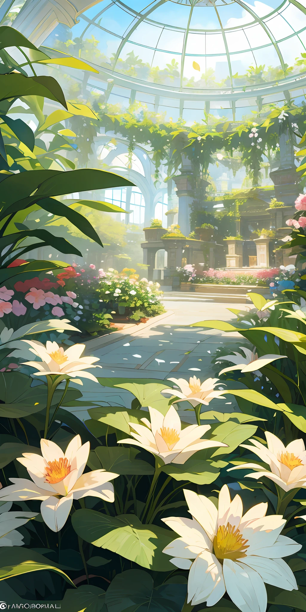 (top quality, masterpiece, ultra-realistic), indoor botanical garden, dome, lots of flowers, background landscape is a garden with petals and papas flying around. --v6