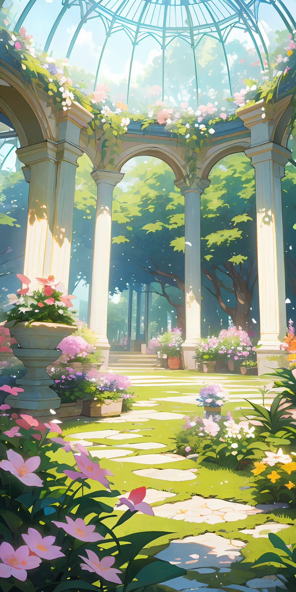 (top quality, masterpiece, ultra-real), indoor botanical garden, dome, lots of flowers, dense mass of plants, the landscape in the background is a garden with petals and puffs flying around. --v6