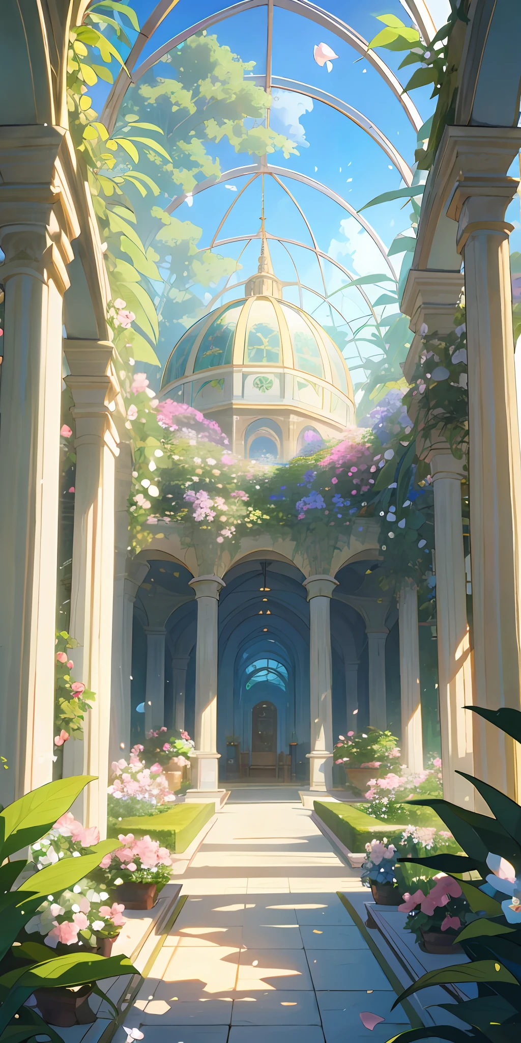 (top quality, masterpiece, ultra-real), indoor botanical garden, dome, lots of flowers, dense mass of plants, the landscape in the background is a garden with petals and puffs flying around. --v6