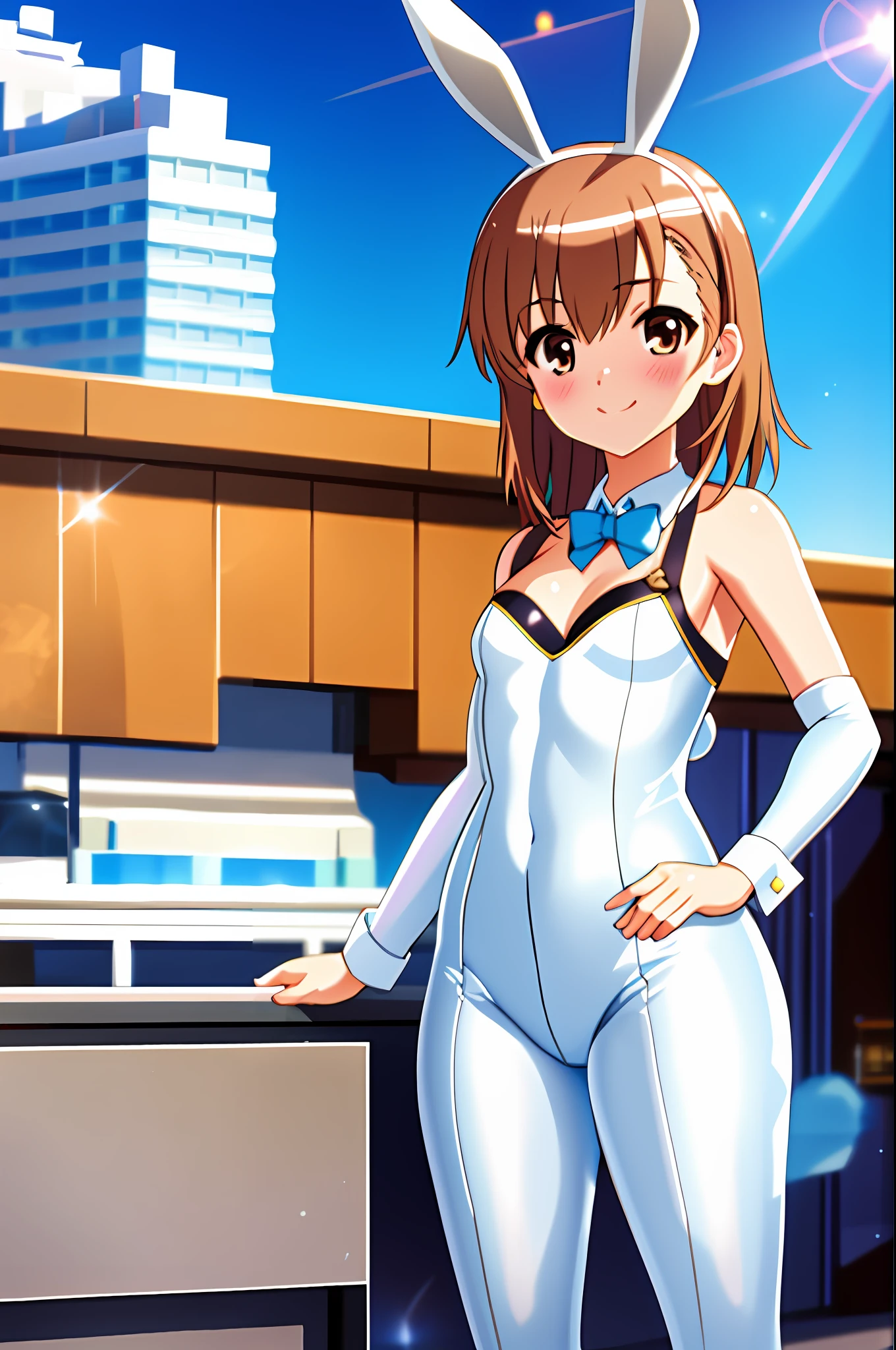masterpiece, best quality, misaka_mikoto, brown eyes, looking at viewer, casino background, solo, small breast, upper body, , smile, close_mouth, ((standing)), lens flare abuse, thicc, onegirl, 1girl, nice ass, sexy pose, one girl, camel toe, bunny girl, body suit, playboy, pantihose, bunny ears, latex, one suit, white suit, golden bunny suit, bunny girl, thicc suit, blue pantihose, blue legs, blue leggings