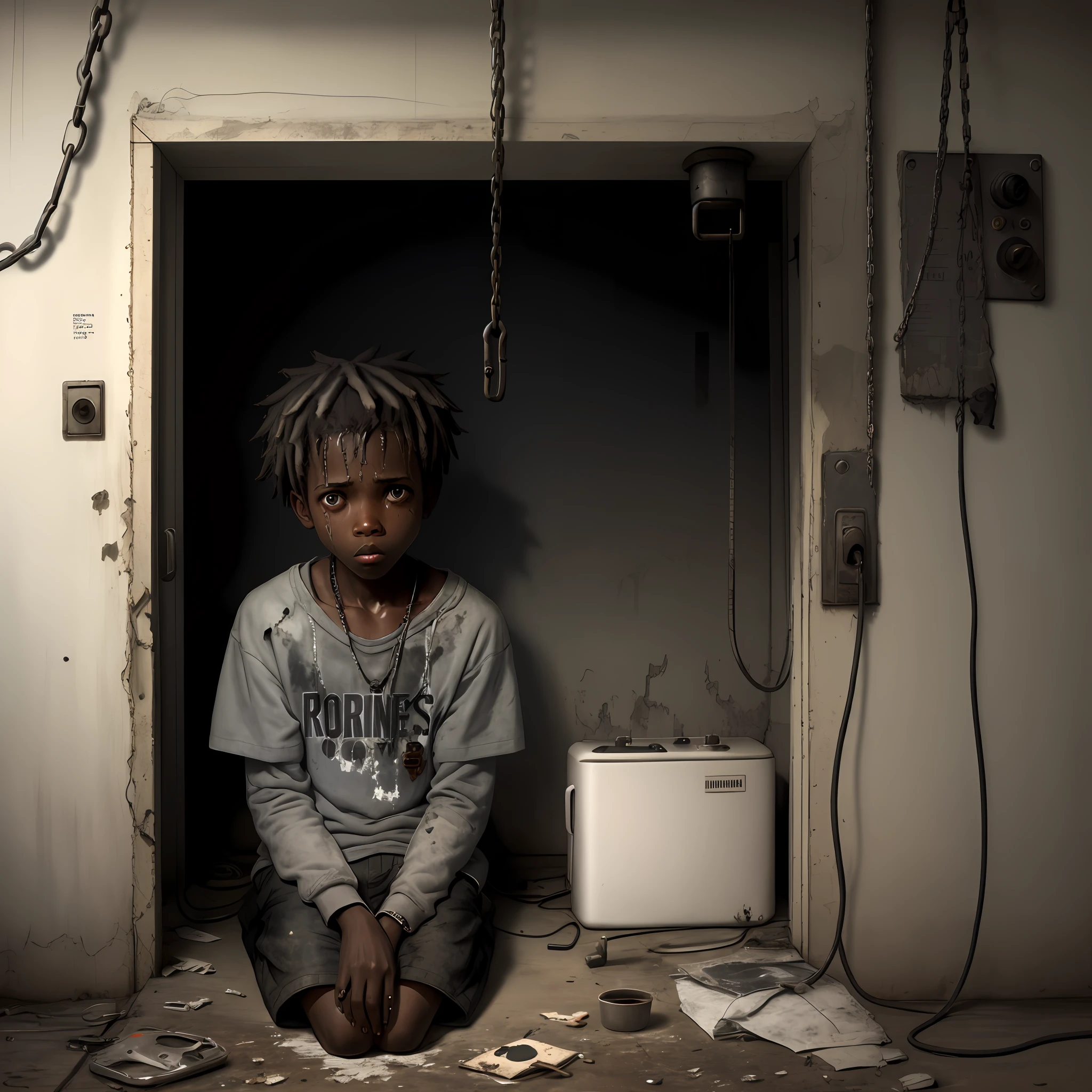 A sick and bitter black boy, desperate; sitting in the dangerous electric chair, in decaying clothes, crumbs of fear hanging in the air; in a dark, chained, dirty room.