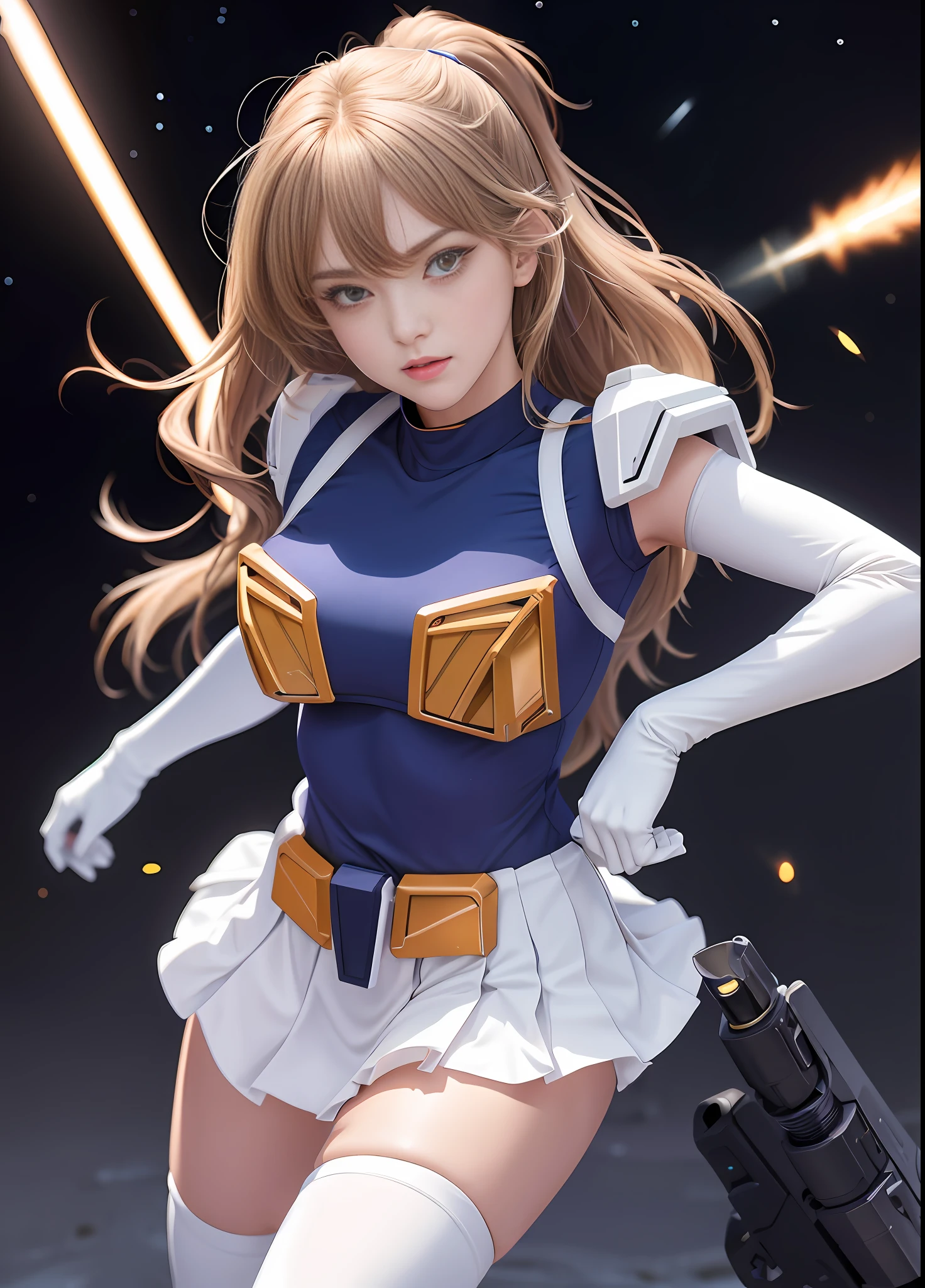 (mejor calidad), (Obra maestra), NSFW, personificación de Mobile Suit Gundam F91, Aspectos destacados sorprendentes de la parte superior del cuerpo., Potente mech, Hermosa chica con un rifle de rayo, 23 años, cara de bebe, ojos bonitos, nariz modesta, Pulcritud, Sonrisa segura, pelo medio, ojos ligeramente caídos, área absoluta, muslos húmedos y ligeramente gruesos, Bragas visibles y escondidas, cuerpo completo, pose de pelea, piernas abiertas, falda corta, espacio exterior, Escenas de lucha contra enemigos.,