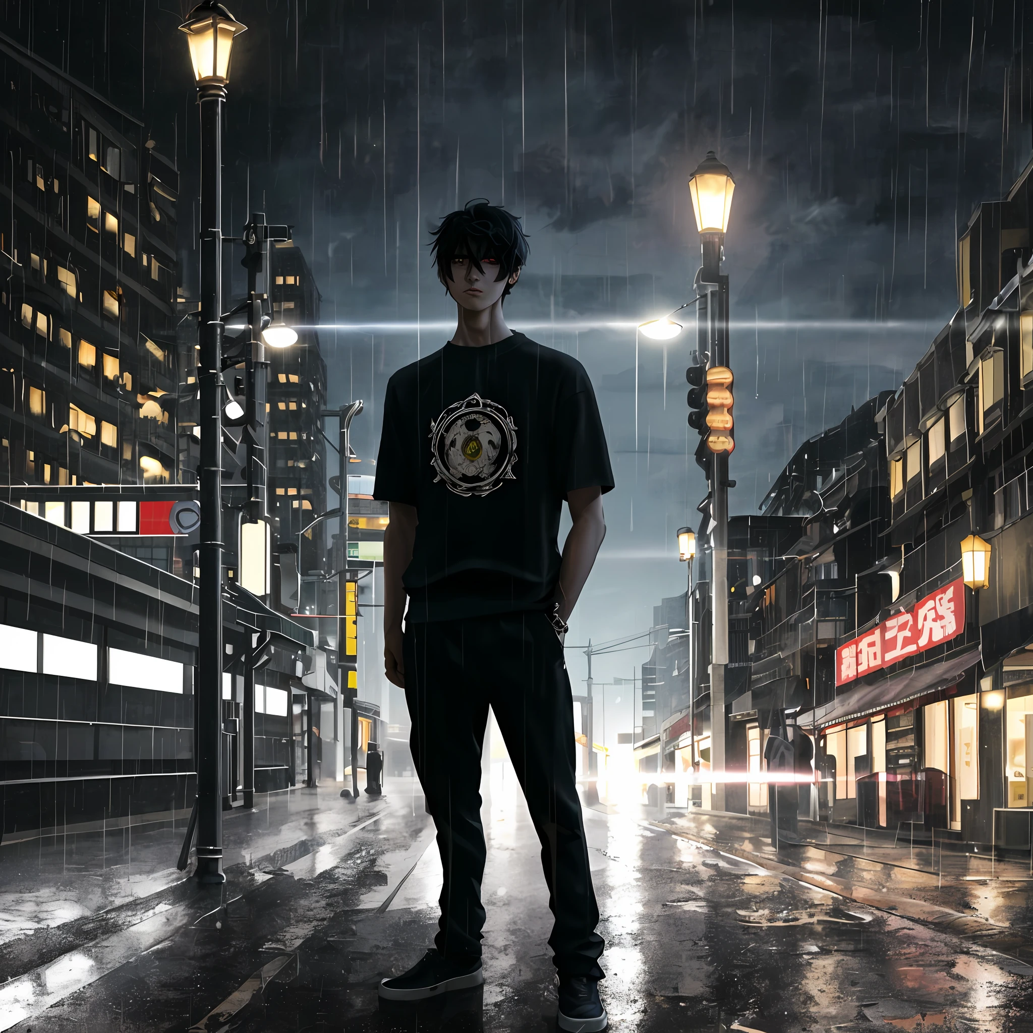 The boy, Short black hair, Sweatshirt T-shirt, Stand at the bus stop, ame, puddles, Reflection of a building in a puddle, Lonely street lamp, dramatic lights, dark sky, Yellow pleasant lantern light, high-detail, decadent, night, raining, rainy evening, The sky is dark, The feathers on both sides of the head are as black as ink, as if they were like a turban, Above the bridge of the tall nose are a pair of blackened eye circles, It seems that the whole person has not had a good rest, But the eyes are very determined, As if nothing could completely defeat him., black hair, hollow eyes, scowl, serious, yandere, anime style, chiaroscuro, character chart, first-person view, UHD, masterpiece, ccurate, highres, 8k --auto --s2