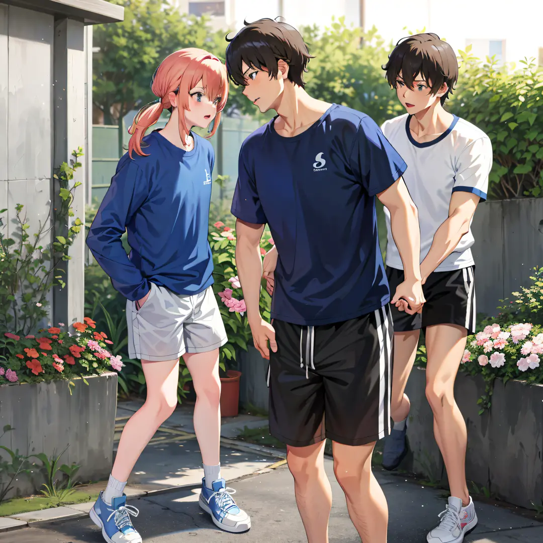 anime characters walking down a street with a woman in a blue shirt, official anime still, sankakucomplex anime image, official ...